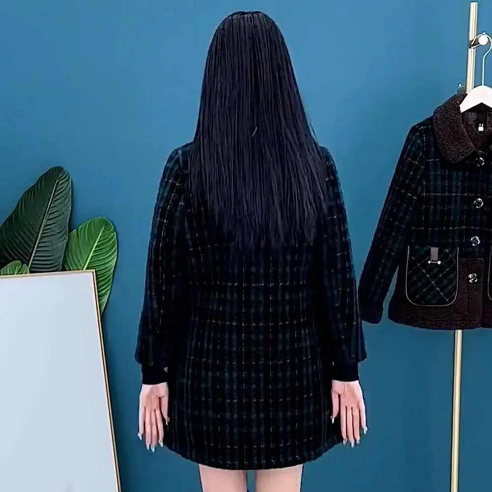 Frauen Plaid Mantel Karierten Winter Mutter Jacke Taschen drehen-unten Kragen einreiher Mid Länge Mantel Mid-aged frauen Mantel
