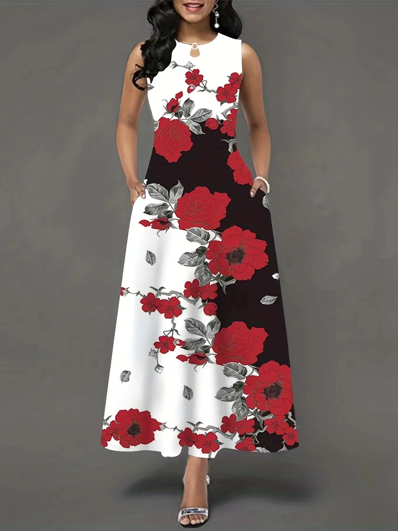 Blumendruck Neues lässiges ärmelloses langes Kleid Damen V-Ausschnitt bedrucktes Kleid Swing Bohemian Retro Kleider