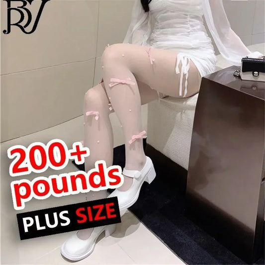 Sweet Pure Desire Butterfly Knot Stockings Pearl Pantyhose Women's Ultra Thin Any Cut Anti Snag Long Tube Socks.