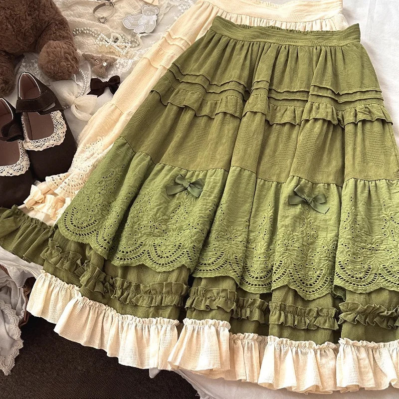 Mori Girl Style Lolita Midi Skirt Women Vintage Embroidery Lace Floral Bow Ruffles Long Skirts Female Prairie Chic Party Skirt.