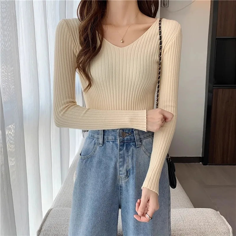 2025 einfarbig Schlank Pullover Koreanische Herbst Winter V-ausschnitt Pullover Mode Lässig Langarm Gestrickte Pullover Frauen Kleidung