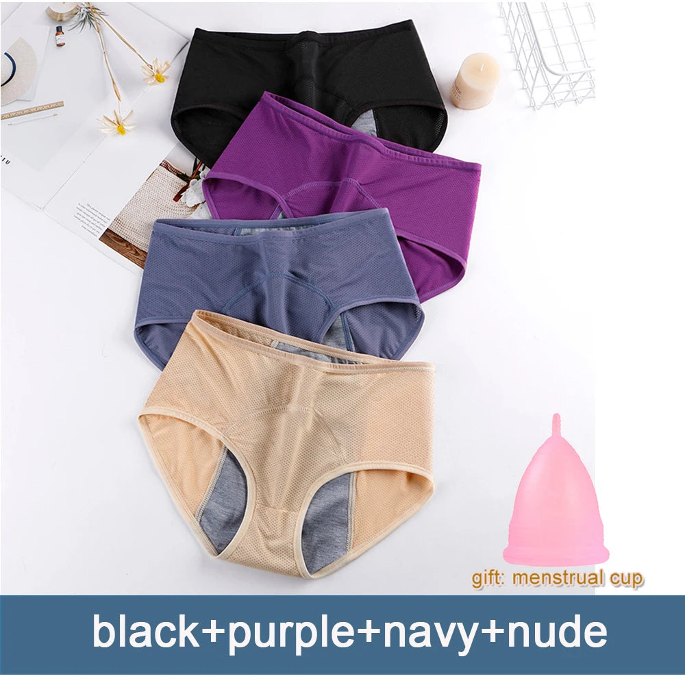 4pcs Women Menstrual Panties+gift Menstrual Cup Female Period Leak Proof Underwear Plus Size Maternal Physiological Briefs