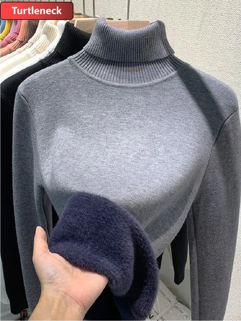 Pullover Für Frauen Winter Verdicken Rollkragen Schlank Stricken Pullover Neue Warme Plüsch Samt Gefüttert Strickwaren Jumper Tops Casual Poleras