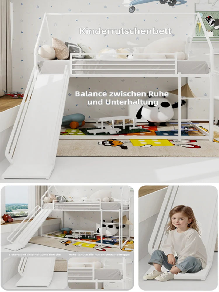 Twin Over Twin Etagenbett mit Rutsche für Kinderzimmer, hausförmiges Bettgestell mit Leiter, kein Boxspringbett erforderlich und einfach zu installieren