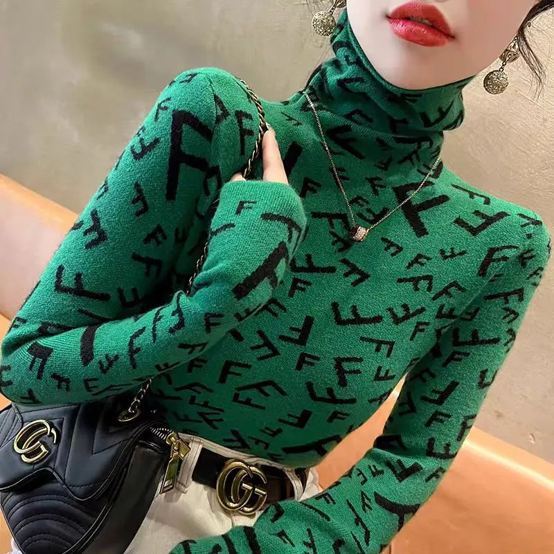 Frauen Kleidung Elegante Mode Brief Stricken Pullover Herbst Winter Casual Alle-spiel Halb Hohen Kragen Langarm Pullover Schlank top