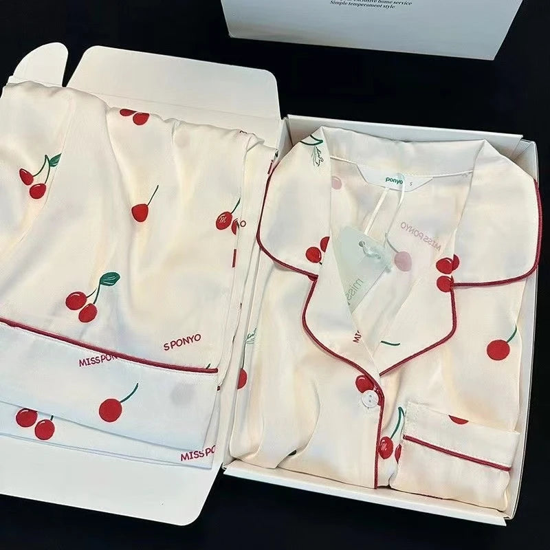 2023 frühling Herbst Neue Eis Seide 2 Stück Pyjamas für Frauen Mode Strickjacke frauen Pyjamas Süße Druck Loungewear Frauen set