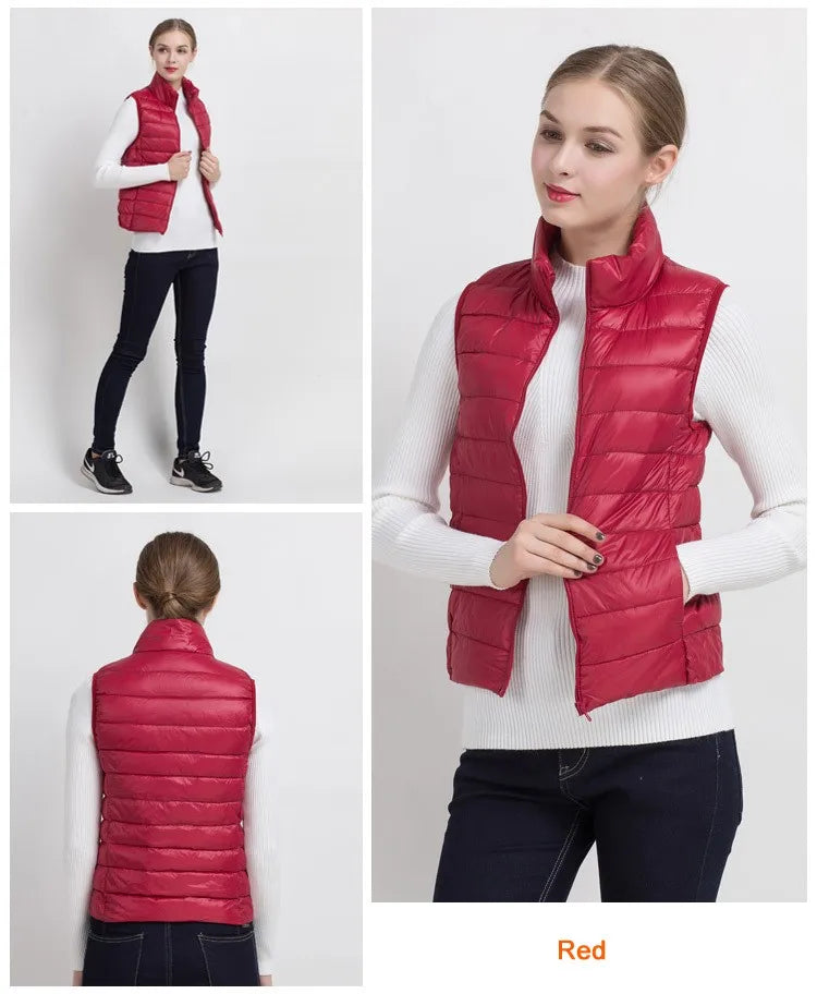 0-10 ℃ Frauen Westen Herbst Winter Ultra Licht Ente Unten Weste Weibliche Dünne Ärmellose Jacke Winddicht Warme Puffer Weste 4XL