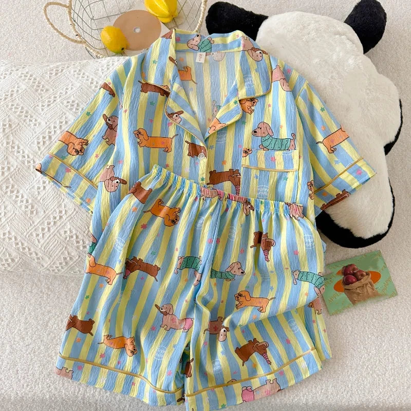 Stern Gestreiften Hund Druck Kawaii Pyjamas für Frauen Y2K Mode Revers Hals frauen Pyjamas Sommer Neue Süße Nette Hause tragen Frau