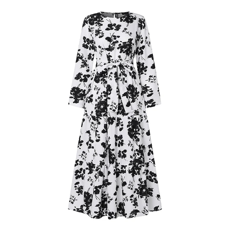 Zanzea Blumen druck böhmischen Maxi kleid Frauen Mode Langarm o Hals abgestufte Vestidos islamische muslimische Gürtel Abaya lange Roben