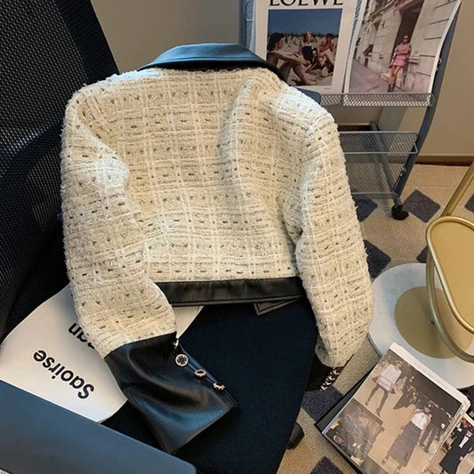 Vintage Tweed Jacket Women Elegant Pu Leather Patchwork Quilted Coat Winter Korean Long Sleeve Thicken Design Short Outerwears.