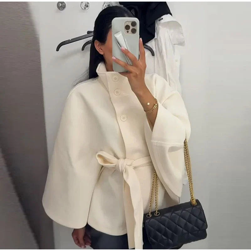 Damenmantel, kurze Cape-Mäntel für Damen, Gürtel, Mäntel aus Kunstwolle und Mischungen, Herbst-Winter, feste Mäntel, elegante Umhangjacke für Damen