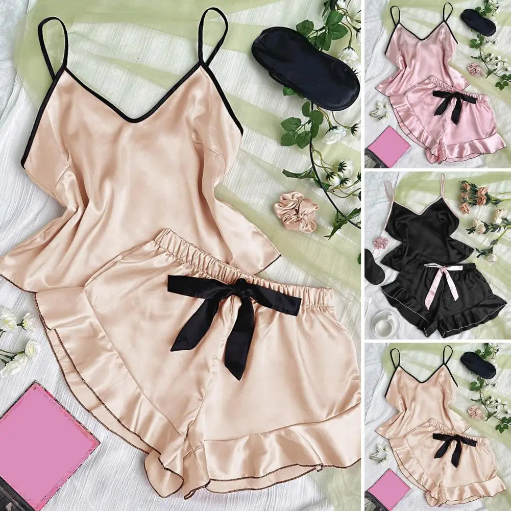 Damen-Pyjama-Set mit Trägern, elegantes Satin-Damen-Pyjama-Set mit Spaghettiträger-Oberteil, rückenfrei, V-Ausschnitt, Rüschen, plissiert für Komfort