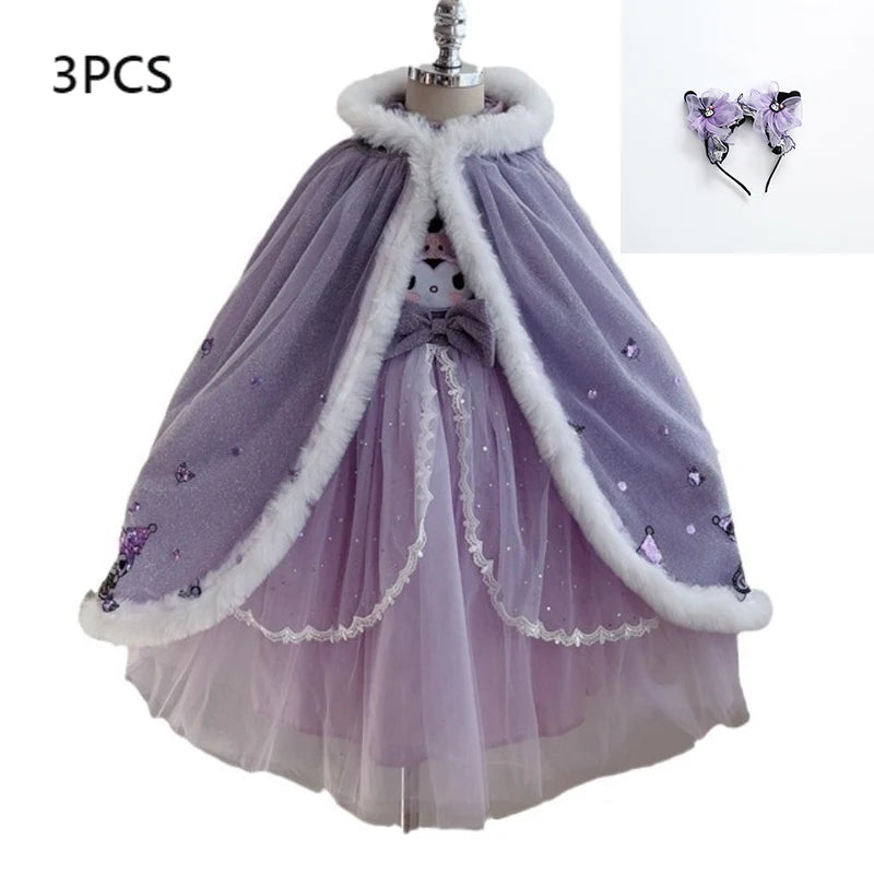 Anime Kuromi Lolita Kleid und Umhang Set Strickpullover Spleißen Mesh Prinzessin Kleid Partykleid Herbst Winter Urlaub Geschenk