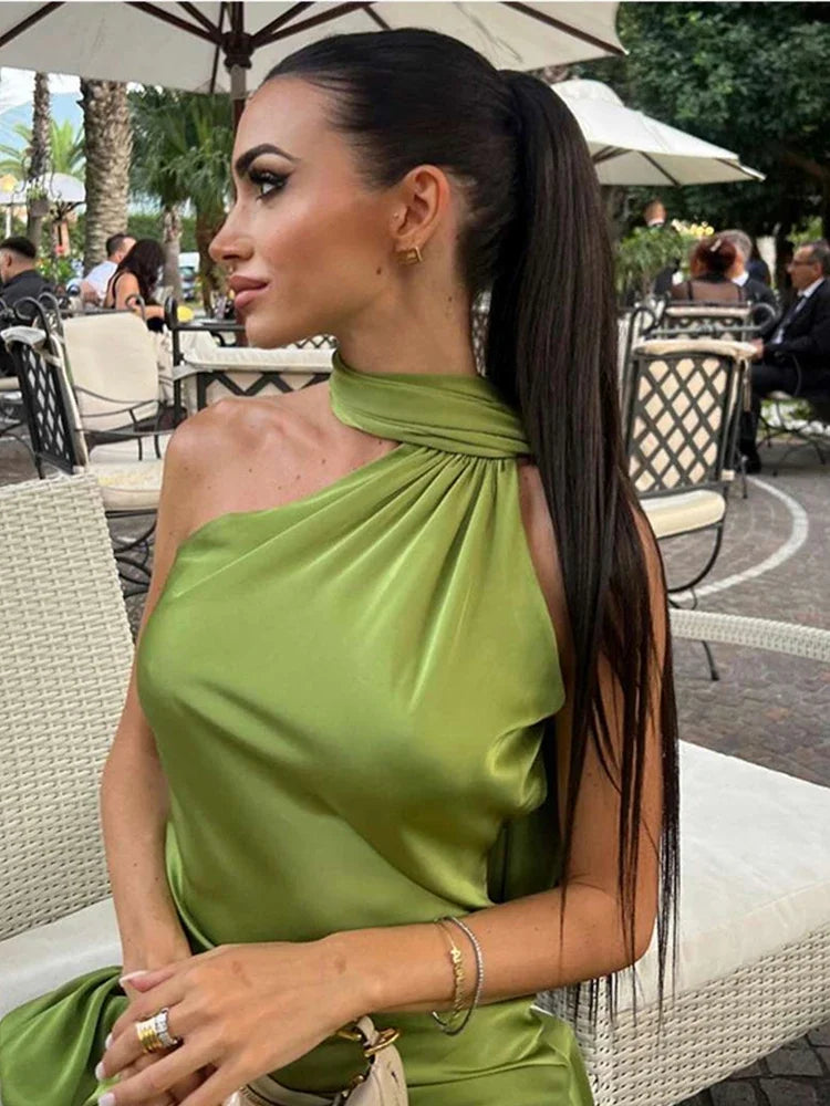 Band hängenden Hals lange Kleider schräg Schulter schnüren rücken frei seidig Satin Temperament Slim Fit Neck holder Frau Fischschwanz Kleid