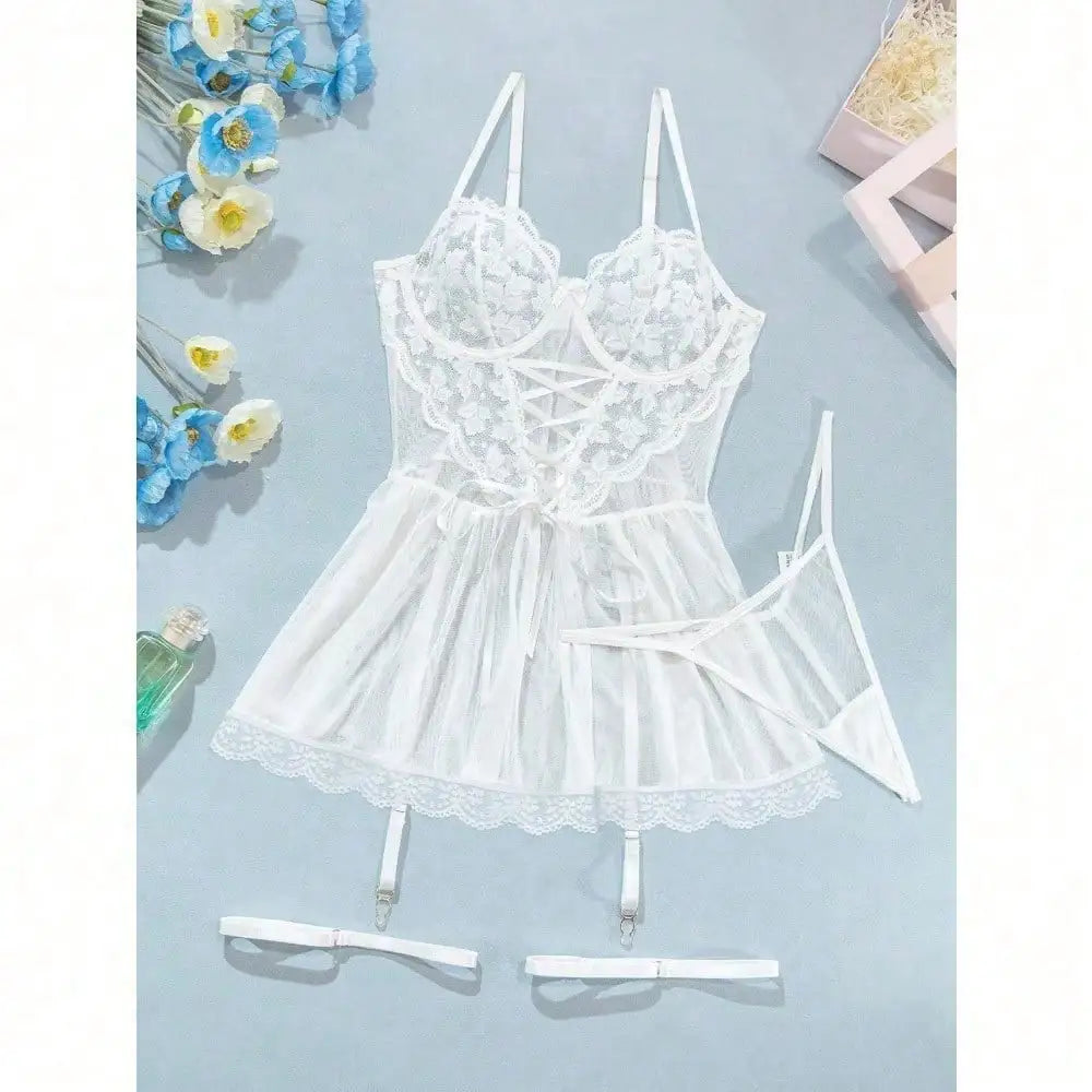 Sexy Garter Belt Mesh Lace Lingerie Dress Set With Thong.