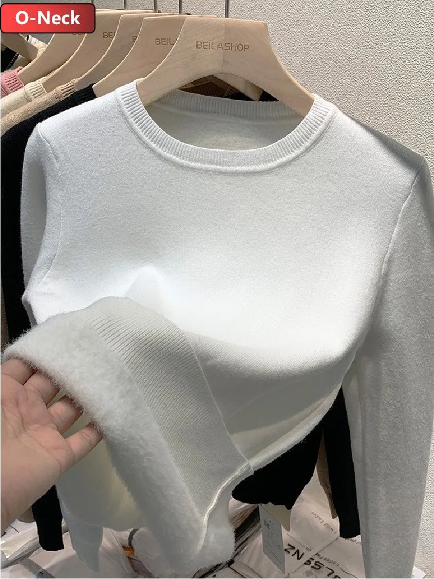 Pullover Für Frauen Winter Verdicken Rollkragen Schlank Stricken Pullover Neue Warme Plüsch Samt Gefüttert Strickwaren Jumper Tops Casual Poleras