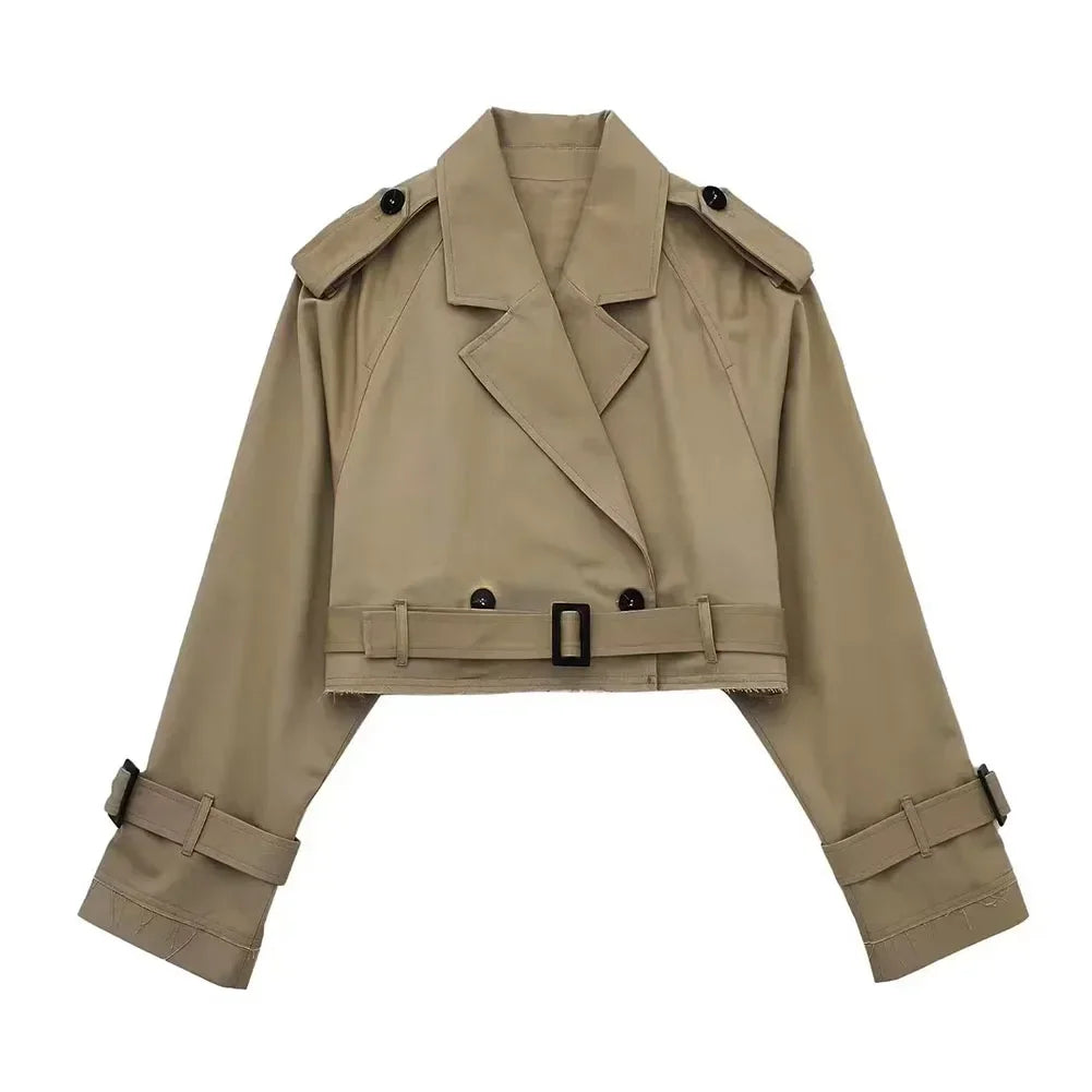 Frauen kurze Blazer Jacken Herbst elegante Vintage einfarbige Langarm Zweireiher Trenchcoat mit Gürtel