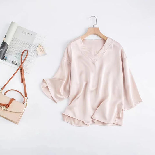 Women 100% Pure Mulberry Silk Charmeuse Silk V Neck Pajama Set Casual Loose Sleepwear Nightwear L XL SQ001.