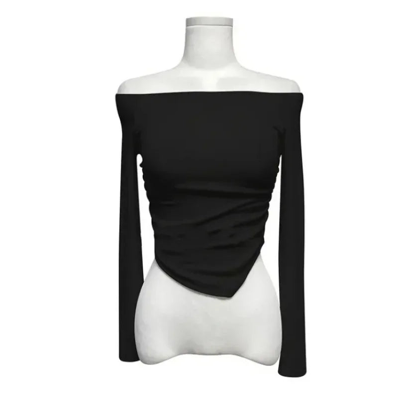 Korean Dongdaemun Fashionable Women's Clothing Off-the-shoulder Sexy Slimming Long Sleeve T-shirt Cropped Top Smooth Silhouette