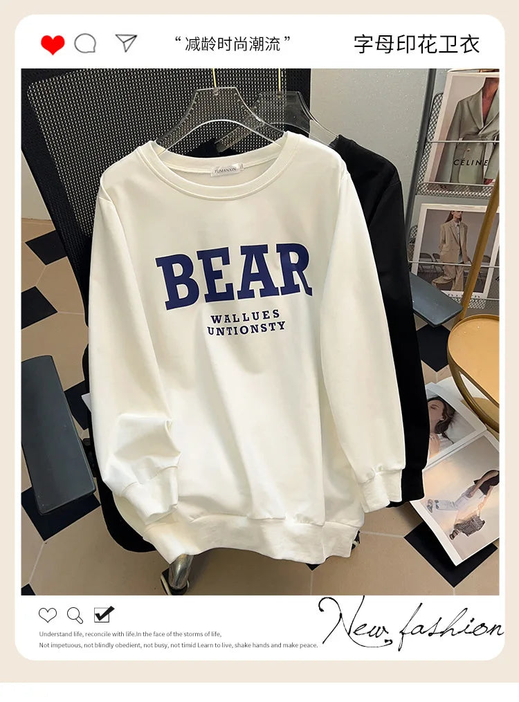 175kg plus size Damen büste Frühling Herbst loses Sweatshirt bedrucktes Buchstaben oberteil schwarz weiß 6xl 7xl 8xl 9xl 10xl 11xl