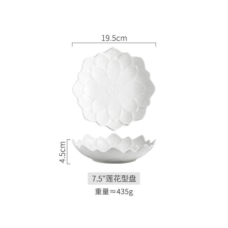 Chinese Lotus-like Ceramic Western Food Dish Household White Fruit Salad Bowl Dessert Plate Creative Restaurant Specialtableware.