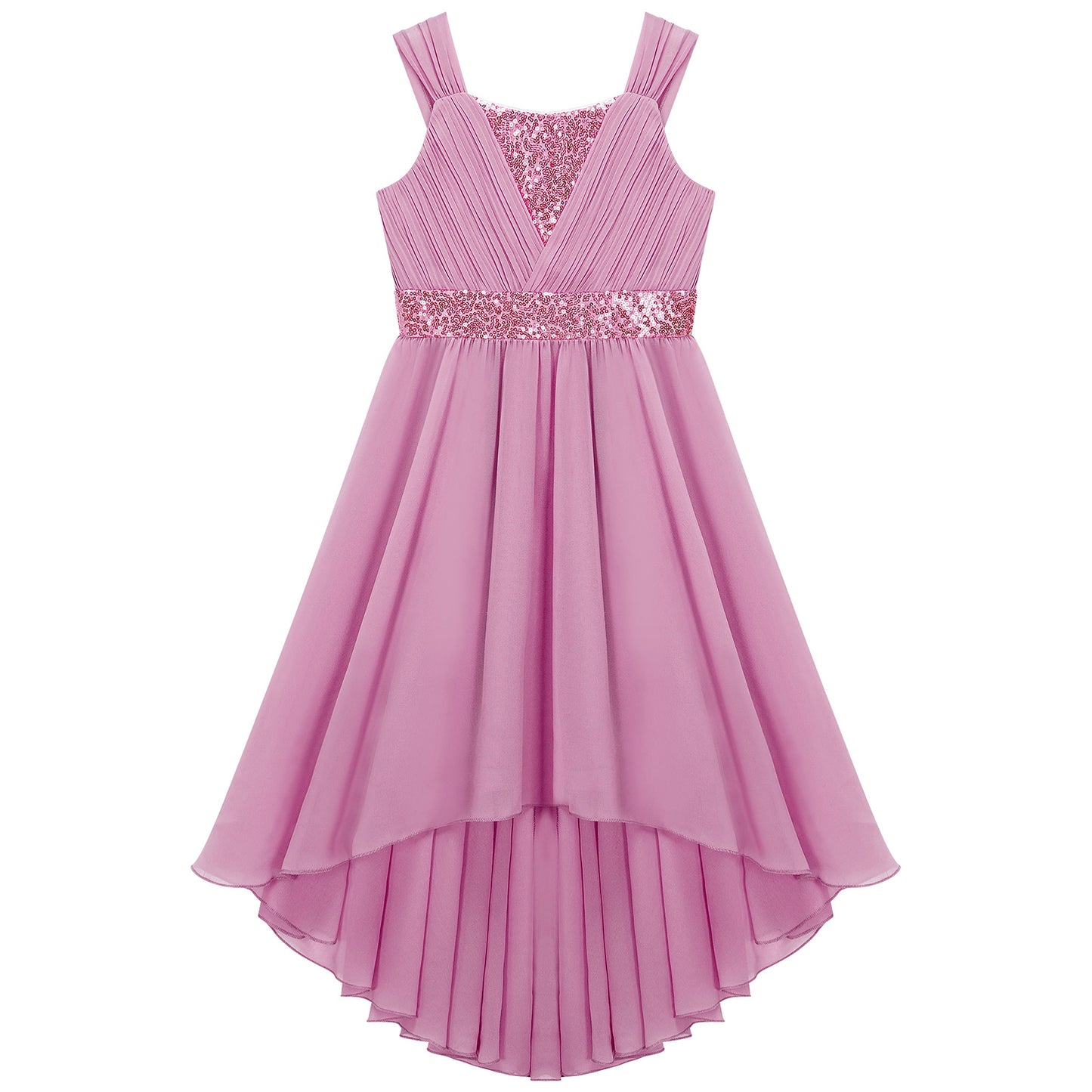 Kinder Blumenmädchenkleid Ärmellos Pailletten Hi-Low-Saum Abendkleid Elegantes Chiffon Prinzessin Geburtstag Formales Hochzeitskleid