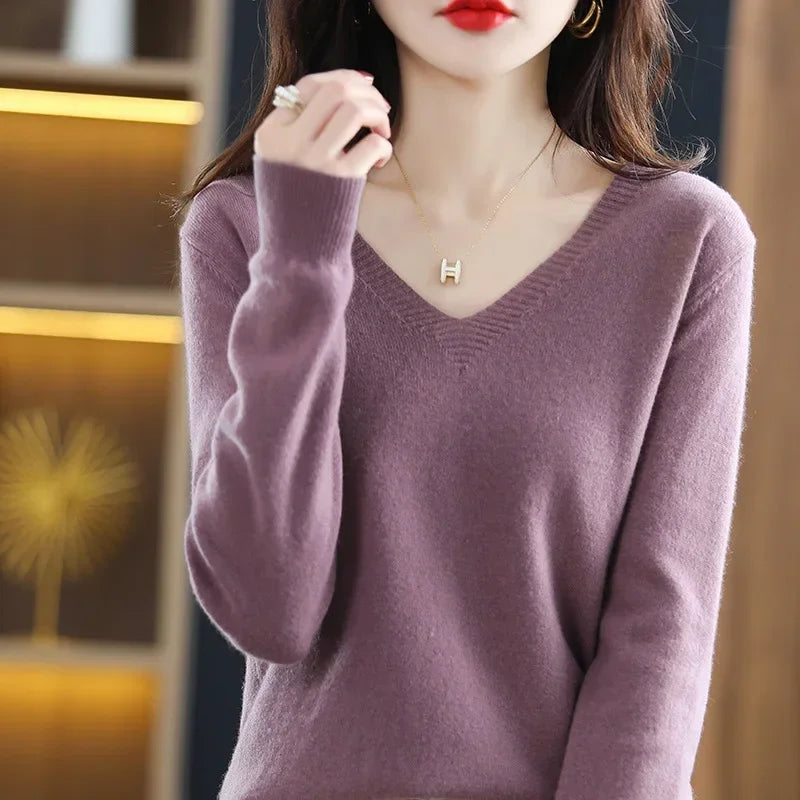 Herbst Winter Frauen Pullover 2025, Koreanische Mode Strickwaren Warme Lange Hülse V-ausschnitt Stricken Pullover Slim Fit Bodenbildung Shirt Jumper