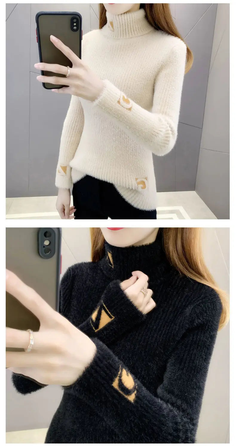 Hoher Kragen Pullover Pullover Frauen Nerz Brief Jacquard Unterlage Solide Western Stricken Unterwolle Herbst Winter Pullover Pullover