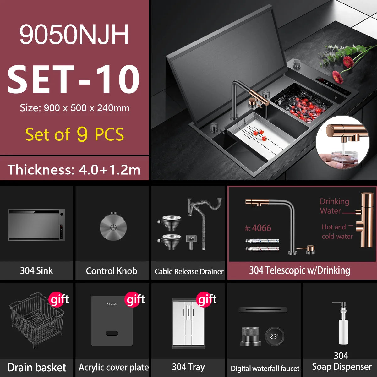 ASRAS Kitchen Sink Stainless Steel Nano Grey Kitchen Sink with Built-in Food Purifier, Hidden Cover & Adjustable Lift Faucet