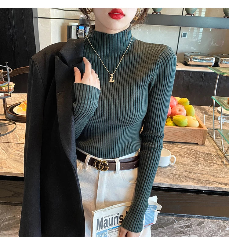 Winter Langarm Mock Neck Gestrickte Frauen Pullover Pullover Schlank Stricken Pullover Frauen Tops Blusas Mujer De Moda 2024 Blusa J995