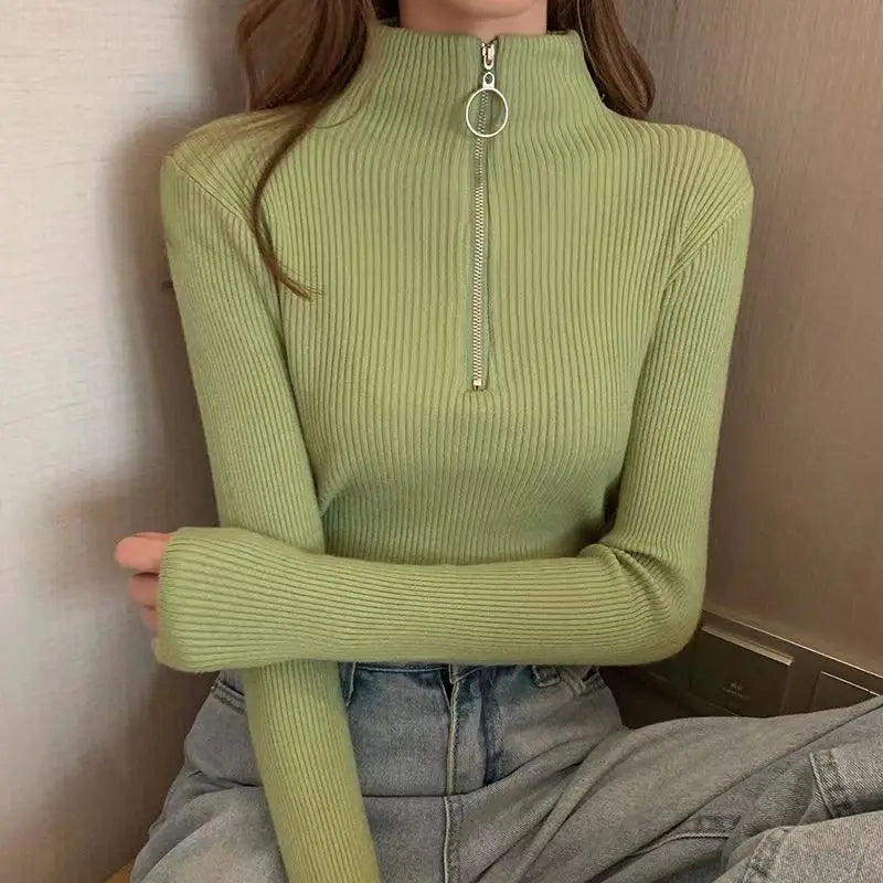 Frauen Fashion Solid Strick Pullover Vintage Langarm Zip-up Grundlegende Hälfte Rollkragenpullover Weibliche Pullover Chic Casual Tops