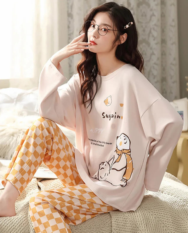 2 Teile/satz frauen pyjamas frühling und herbst langärmelige hosen cartoon nette kann außerhalb freizeit und komfortable student getragen werden