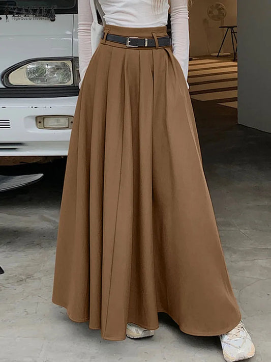 ZANZEA Women High Waist Jupe 2025 Autumn Vintage Office Falda Korean Fashion Pleating Swing Skirt Holiday Loose Solid Maxi Skirt.