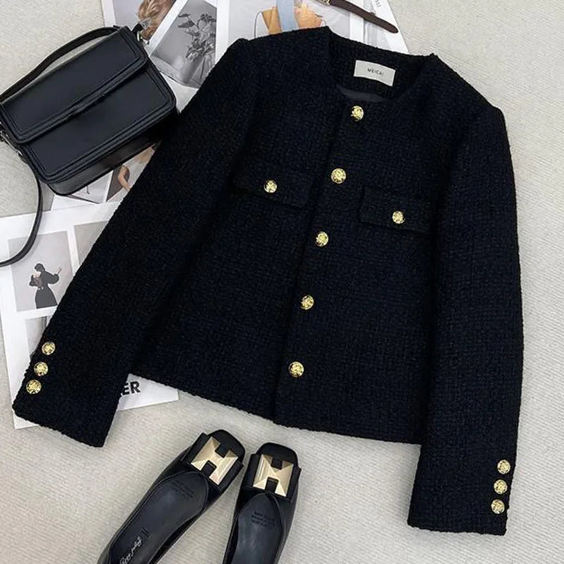Schwarz Tweed Jacken Frauen Koreanische Mode Metall Schnalle Design Kurze Mäntel Frau Herbst Winter Einreiher Oansatz Oberbekleidung