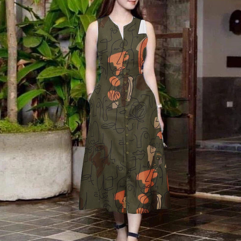 ZANZEA Elegante Damen-Midikleider, Sommer, ärmellos, Party-Sommerkleid, stilvoll, V-Ausschnitt, Urlaub, Arbeit, Vestidos, bedruckt, A-Linien-Kleid