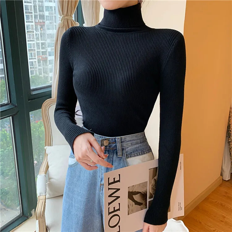 2023 herbst Winter Frauen Langarm Gestrickte Foldover Rollkragen Rippen Pull Pullover Weiche Warme Femme Jumper Pullover Kleidung