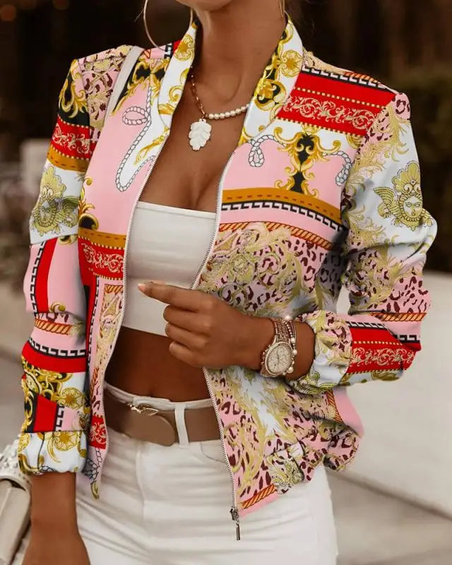 Mode Frauen Jacken Dünne Kurze Mäntel Herbst Vintage Print Lange Sleeve Zipper Dünne Jacke 2024 Casual Oberbekleidung Weibliche Jacke