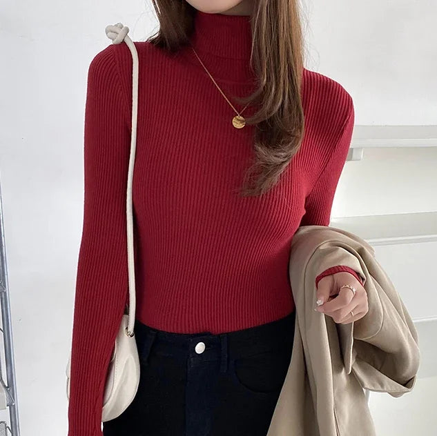 Frauen einfarbig lange Ärmel Roll kragen pullover Strick pullover grundlegende weiche Pullover einfache elegante Mode neu
