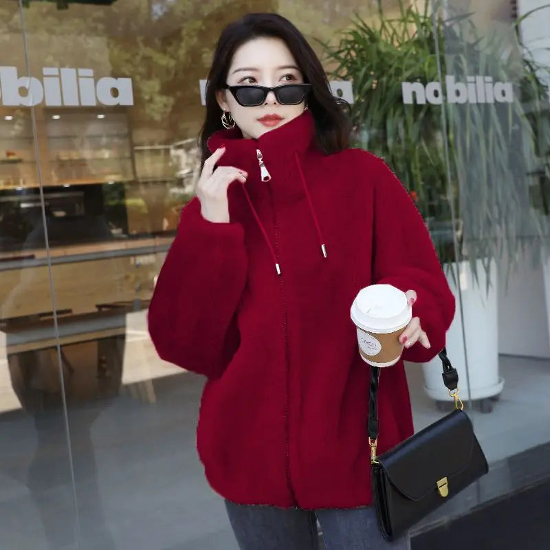 Frauen Winter Doppel Korallen Fleece Warme Mantel Stehkragen Plüsch Dicken Mantel Weibliche Mode Casual Langarm Zipper Kleidung