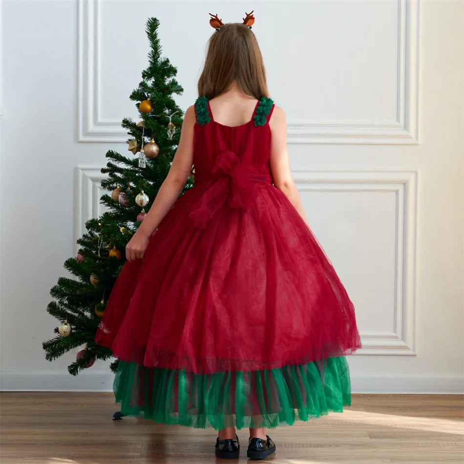 Mädchen Rot Grün Weihnachten Ballkleid Kinder Hochzeit Ball Party Abendkleid Prinzessin Vestido Kinder Karneval Leistung Kleidung