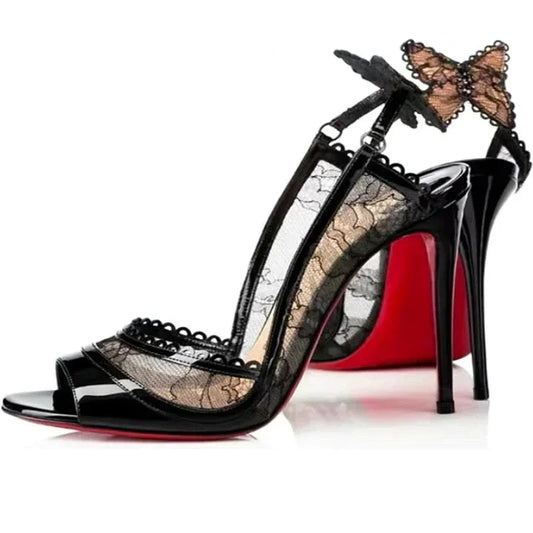 2025 Women's New in Black Lace Butterfly Sexy Pumps Stilettos Peep Toe High Heels Leather Luxury Designer Party Chic Shoes.