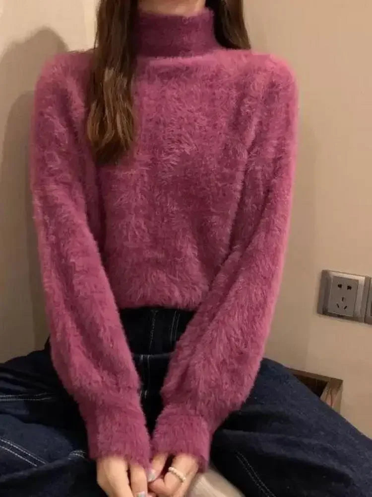 2025 frauen Gestrickte Tops Winter Imitieren Nerz Wolle Heißer Fleece Weibliche Rollkragen Elastische Beiläufige Pullover Weiche Warme Pullover