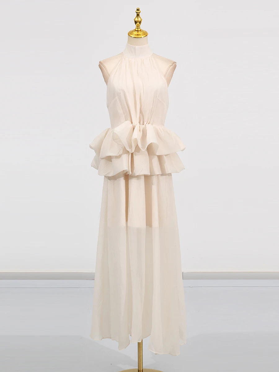 VGH Solide Abend Gespleißt Rüschen Maxi Kleider für Frauen High Neck Ärmellose Tunika Temperament Zeremonie Kleid Weibliche Kleidung