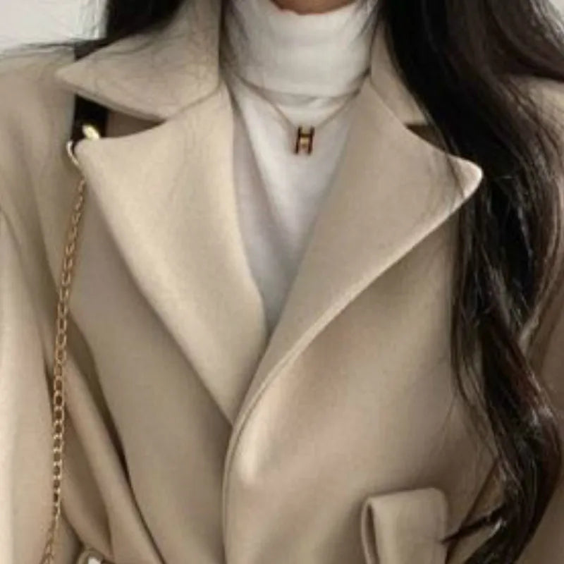 Frauen Solide Wolle Mischung Mantel Slim Fit Gürtel Mäntel Weibliche Warme Baumwolle Dicker V-ausschnitt Büro Dame Elegante Trendy Taste Outwear ins