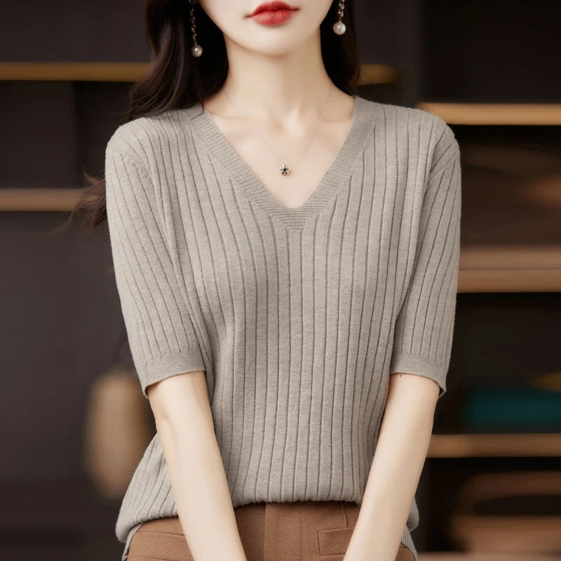 Frauen Pullover Frühling Sommer Kurzarm V-ausschnitt Strick Hemd Casual Koreanische Pullover Streifen Bodenbildung Shirt Slim Fit Jumper