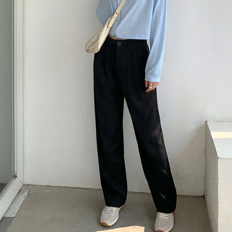 Hohe Taille Frauen Anzug Hosen fallen gerade Büro Damen koreanische Mode Hosen lässig Knopf lose weibliche schwarze Hosen neue 2024