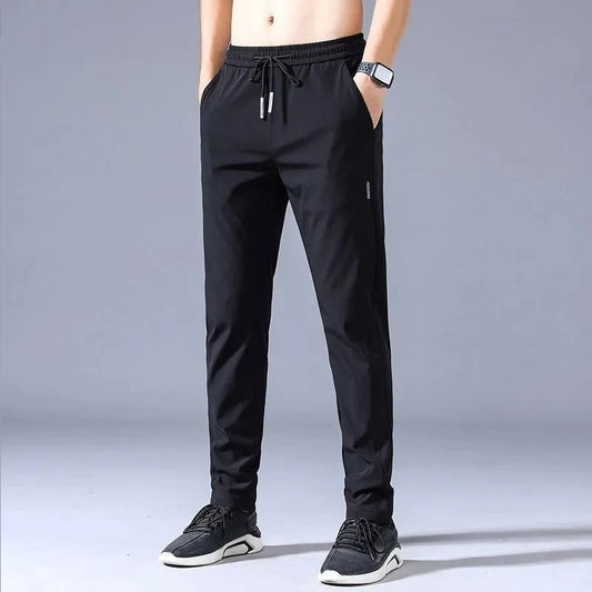 Ice Silk Men's Pants 2024 Summer New Black Gray Thin Business Casual Pants Outdoor Elastic Breathable Straight Leg Sweatpants.