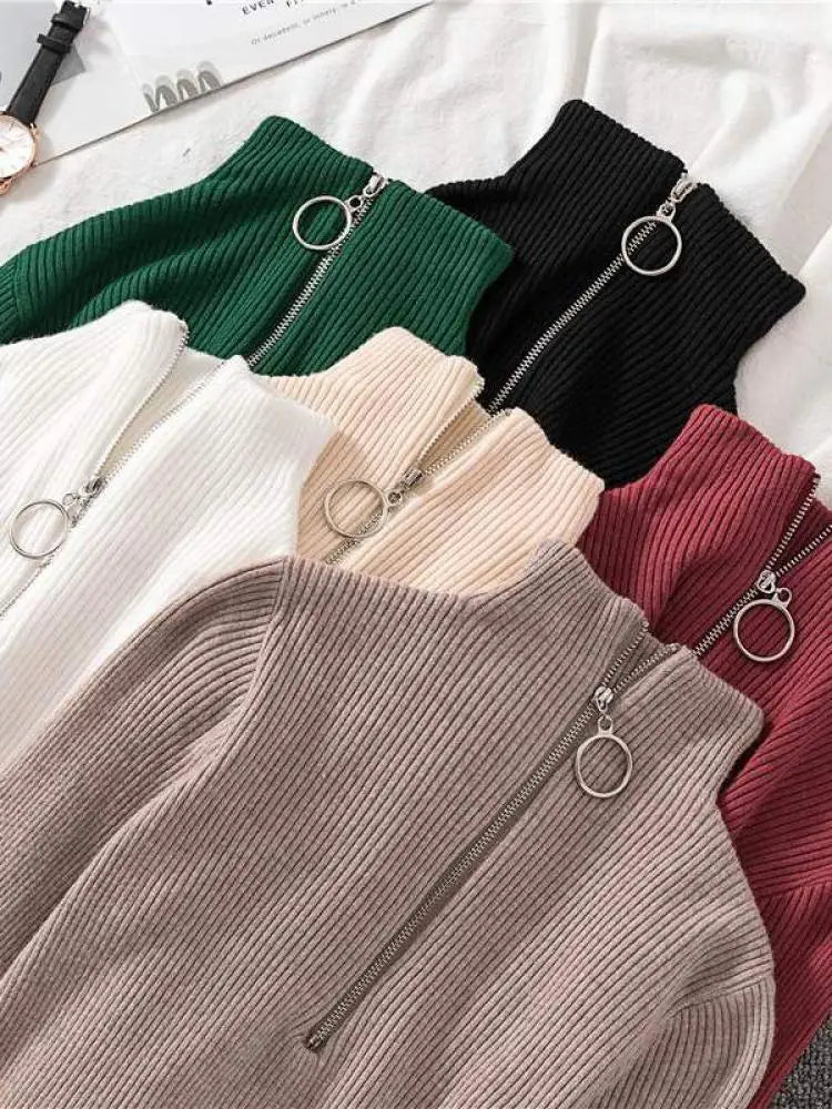 Frauen Fashion Solid Strick Pullover Vintage Langarm Zip-up Grundlegende Hälfte Rollkragenpullover Weibliche Pullover Chic Casual Tops