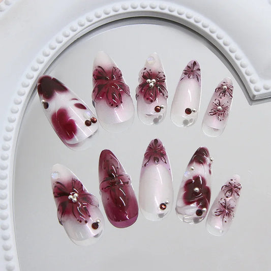 24pcs Flower Print Press on Nails Wine Red Blush Almond False Nail Tips Wearable Reusable Summer Spicy Girl Fake Nails.