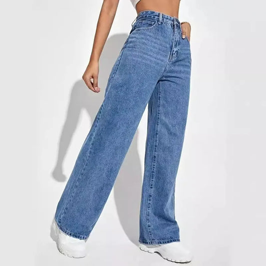 Fashion retro blue jeans women y2k High street baggy straight pants High waisted all-in-one slim pants.
